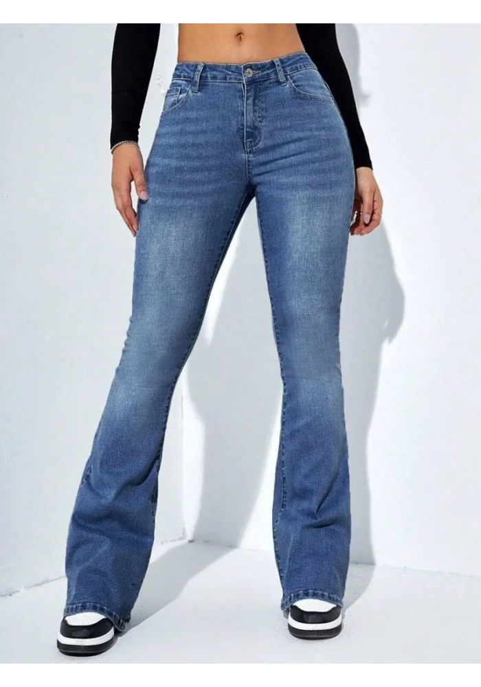 Kadın Yüksek Bel Cepli İspanyol Paçalı Kot Jeans Pantolon