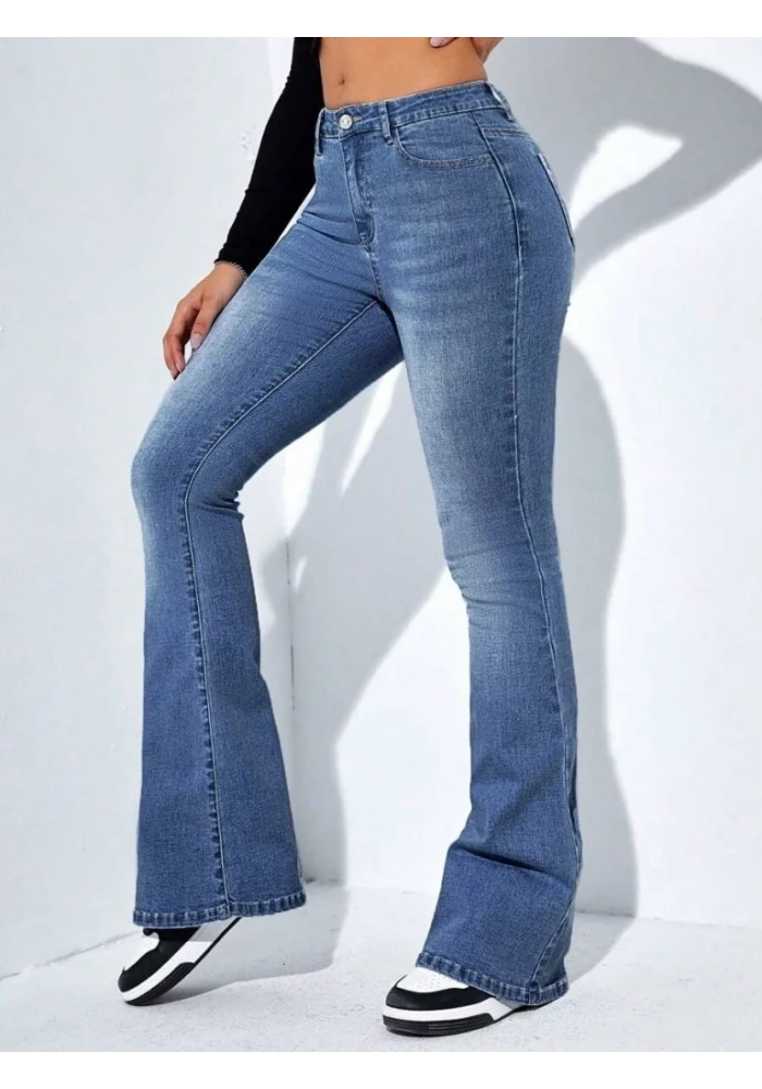 Kadın Yüksek Bel Cepli İspanyol Paçalı Kot Jeans Pantolon