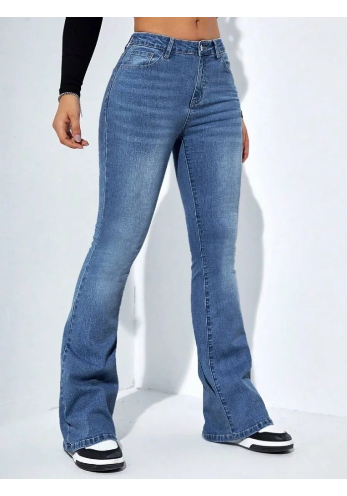 Kadın Yüksek Bel Cepli İspanyol Paçalı Kot Jeans Pantolon