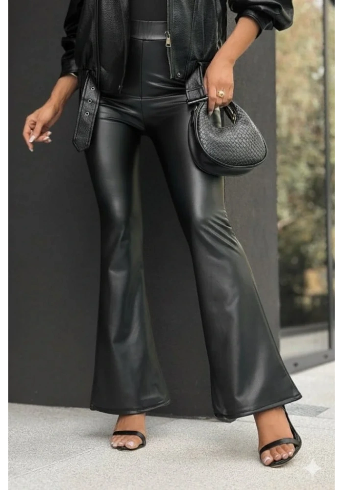 Kadın Yüksek Bel İspanyol Paçalı Deri Pantolon