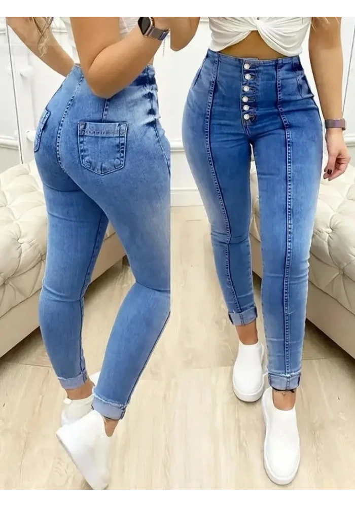 Kadın Yüksek Bel önden Düğmeli Jean Pantolon
