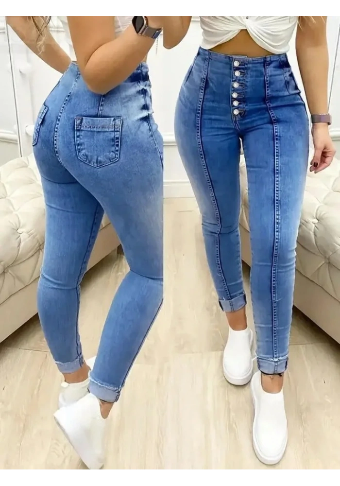 Kadın Yüksek Bel önden Düğmeli Jean Pantolon