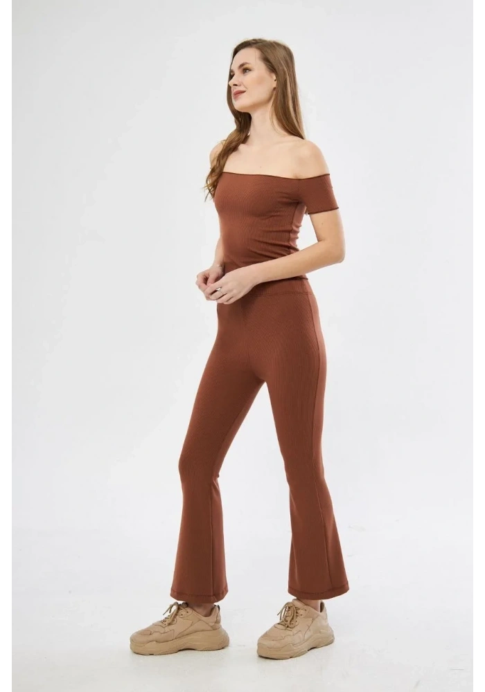 Kadın Yüksel Bel Fitilli İspanyol Paça Tayt - Kahve