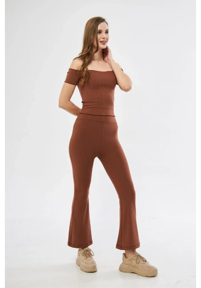 Kadın Yüksel Bel Fitilli İspanyol Paça Tayt - Kahve