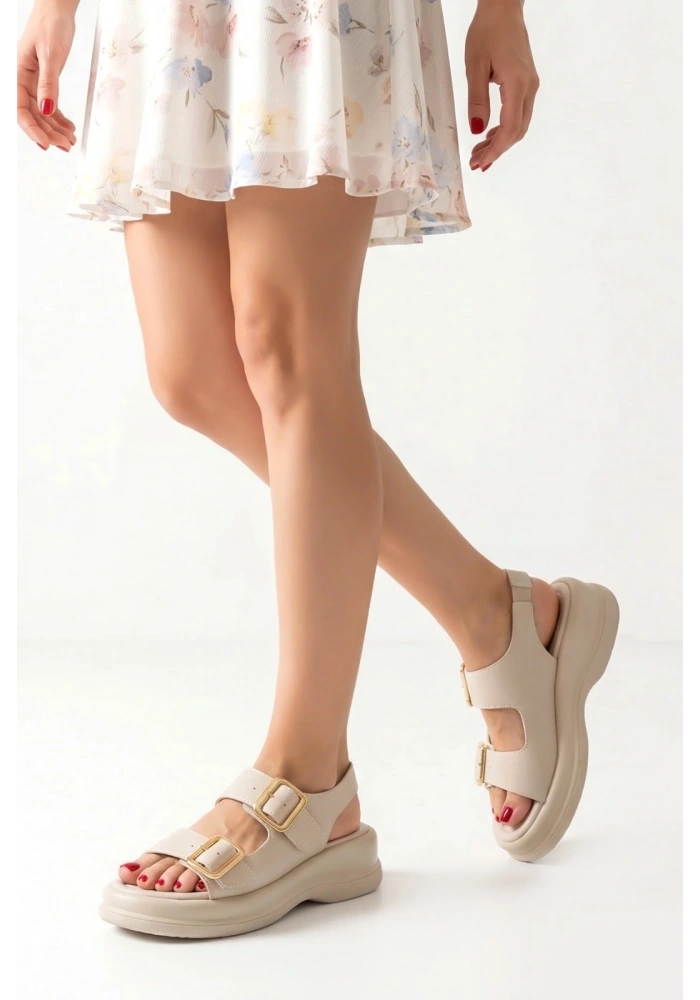 Kaji Bej Cilt Çift Tokalı Sandalet