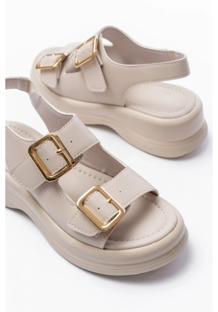 Kaji Bej Cilt Çift Tokalı Sandalet