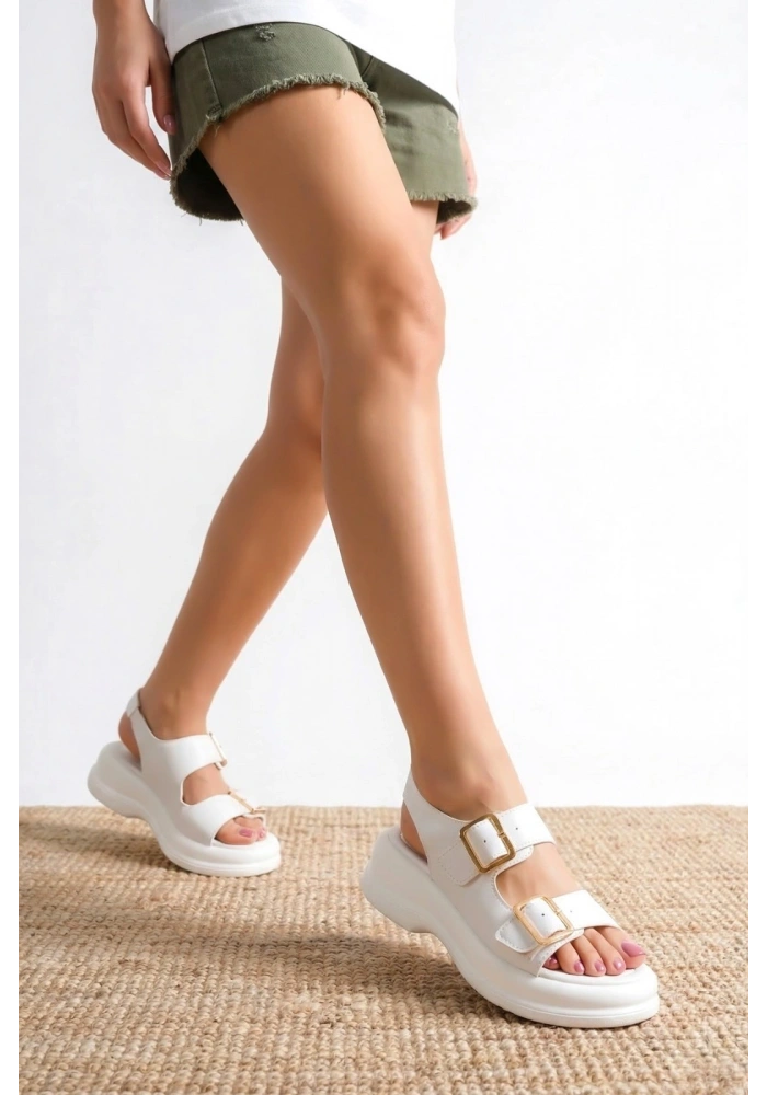 Kaji Beyaz Cilt Çift Tokalı Sandalet