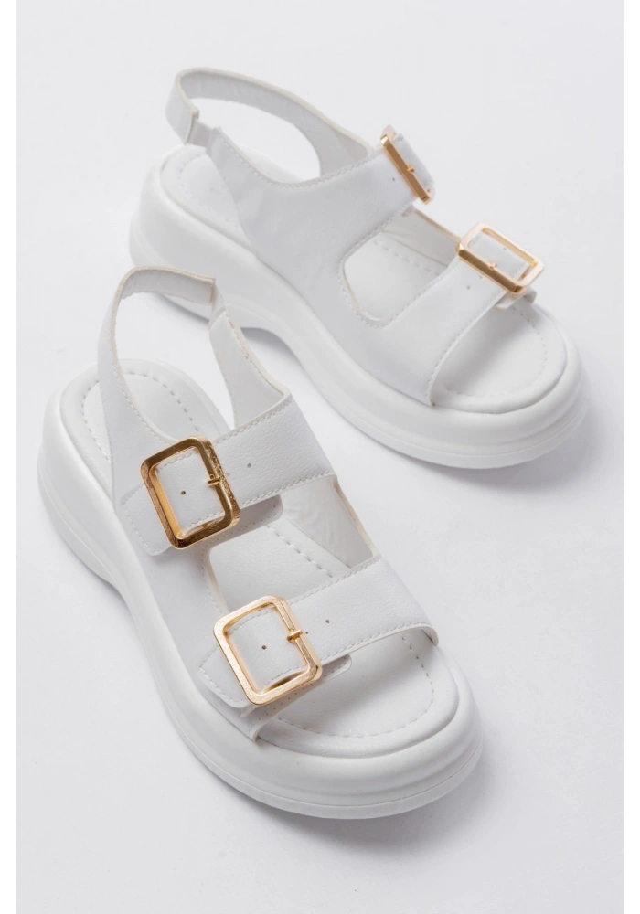 Kaji Beyaz Cilt Çift Tokalı Sandalet