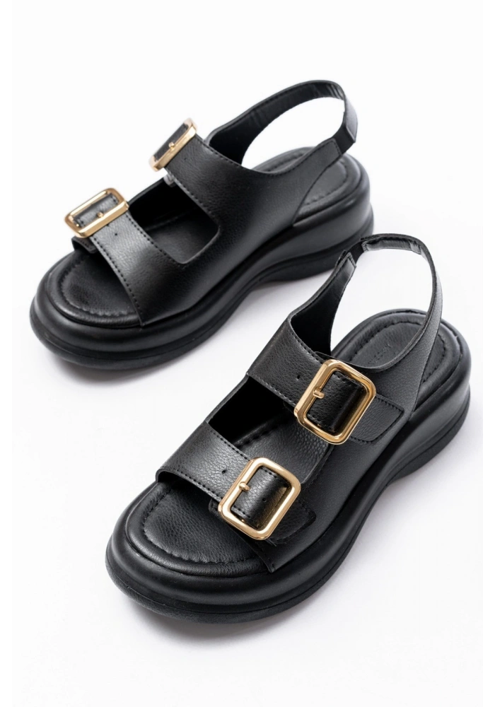 Kaji Siyah Cilt Çift Tokalı Sandalet