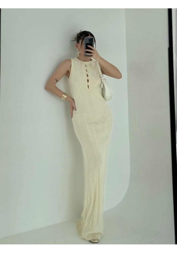 Kalın Fitilli Uzun Triko Elbise - Kırık Beyaz
