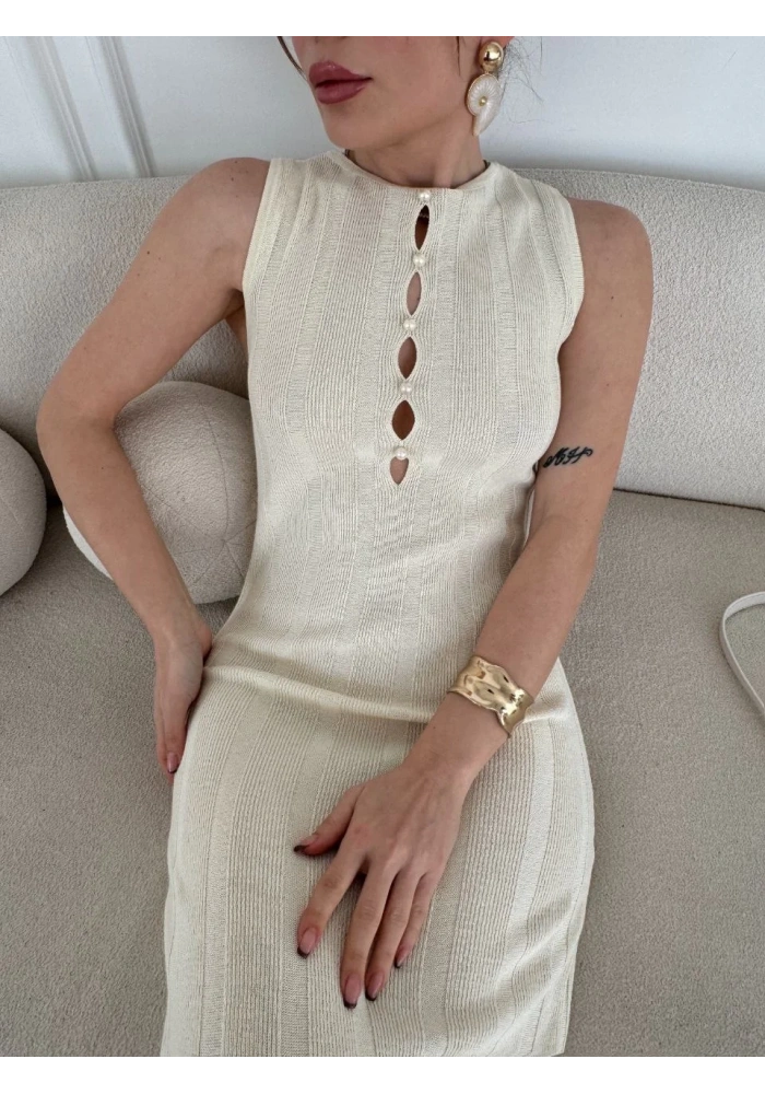 Kalın Fitilli Uzun Triko Elbise - Kırık Beyaz