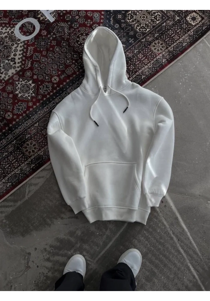 Kapşonlu Üç İplik Penye Basic SweatShirt - Beyaz