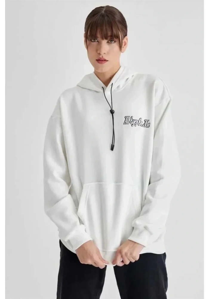 Kapüşonlu Sırt Baskılı Üç İplik Oversize Sweatshirt - Beyaz