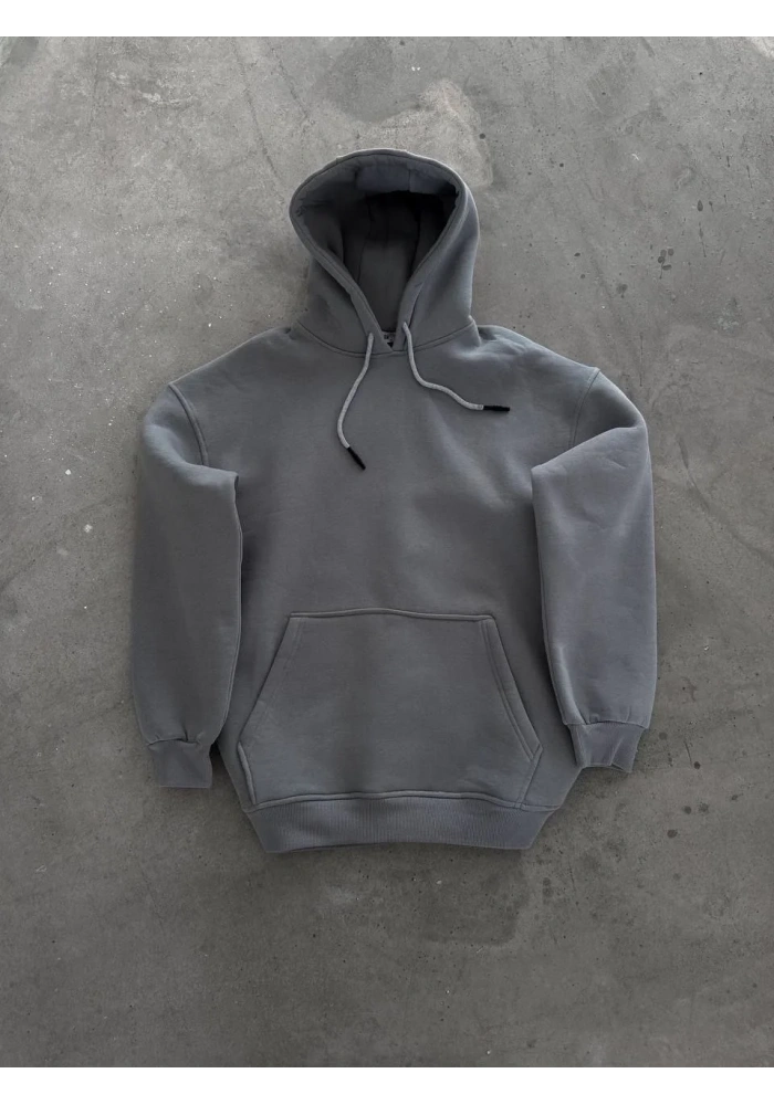 Kapüşonlu Üç İplik Penye Basic SweatShirt - Boyalı Gri