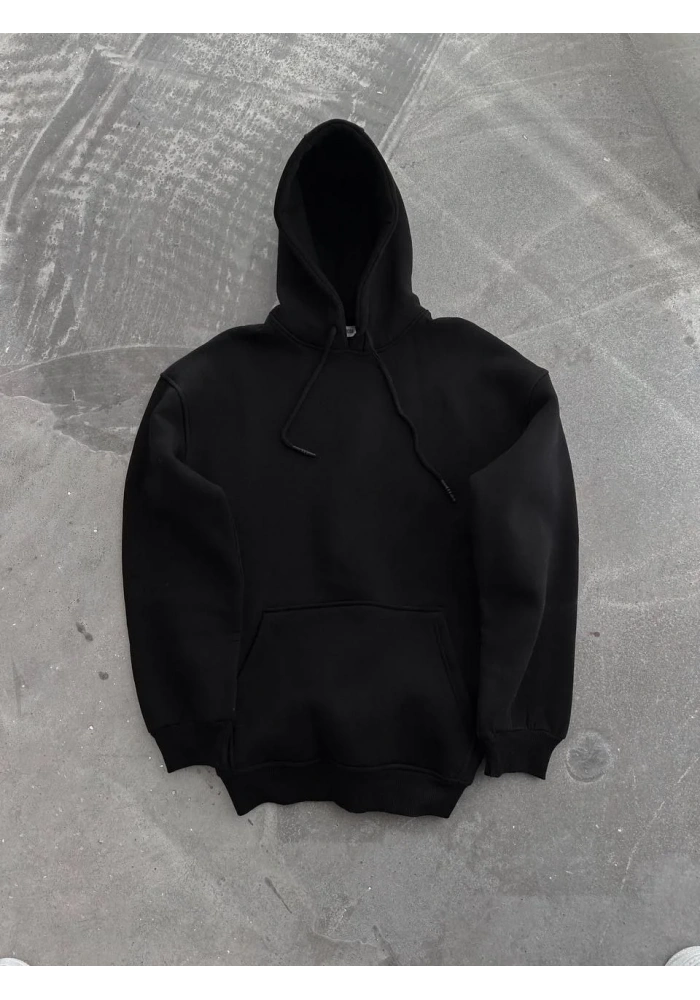 Kapüşonlu Üç İplik Penye Basic SweatShirt - Siyah