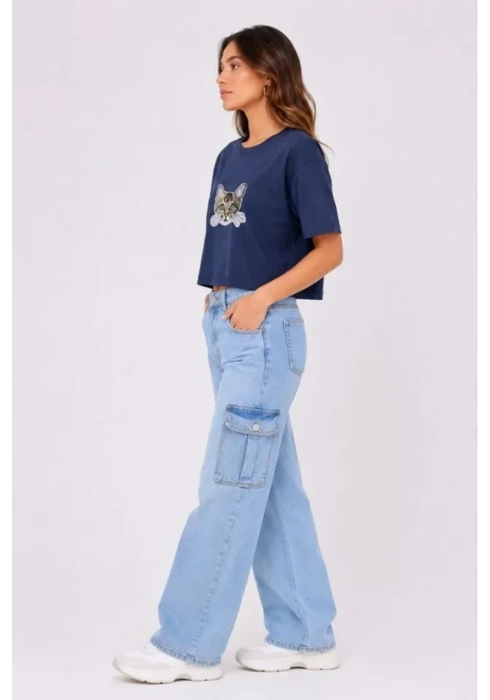 Kedi Baskılı Oversize Crop Tişört Salaş Basic Yarım Kol T-shirt - Lacivert