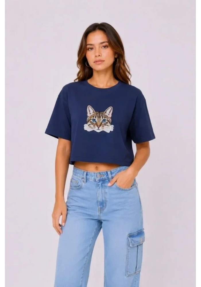 Kedi Baskılı Oversize Crop Tişört Salaş Basic Yarım Kol T-shirt - Lacivert