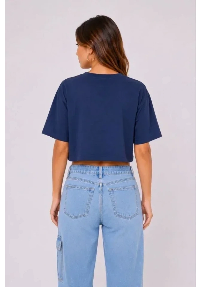 Kedi Baskılı Oversize Crop Tişört Salaş Basic Yarım Kol T-shirt - Lacivert