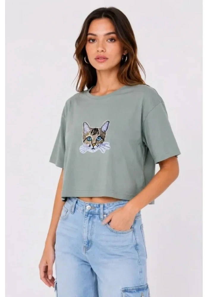 Kedi Baskılı Oversize Crop Tişört Salaş Basic Yarım Kol T-shirt - Mint Yeşili