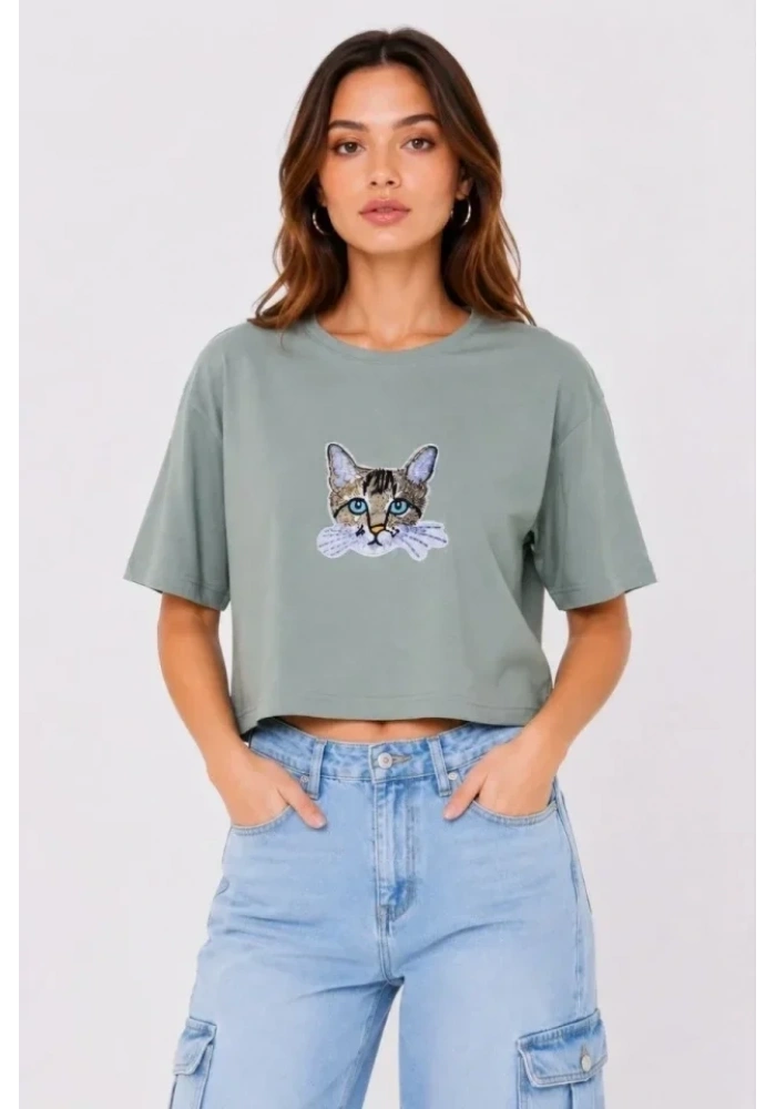 Kedi Baskılı Oversize Crop Tişört Salaş Basic Yarım Kol T-shirt - Mint Yeşili