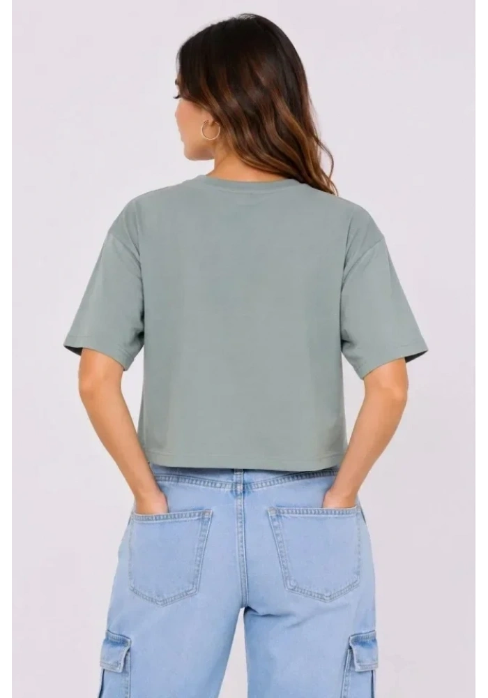 Kedi Baskılı Oversize Crop Tişört Salaş Basic Yarım Kol T-shirt - Mint Yeşili
