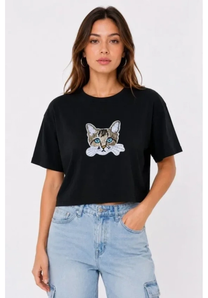 Kedi Baskılı Oversize Crop Tişört Salaş Basic Yarım Kol T-shirt - Siyah