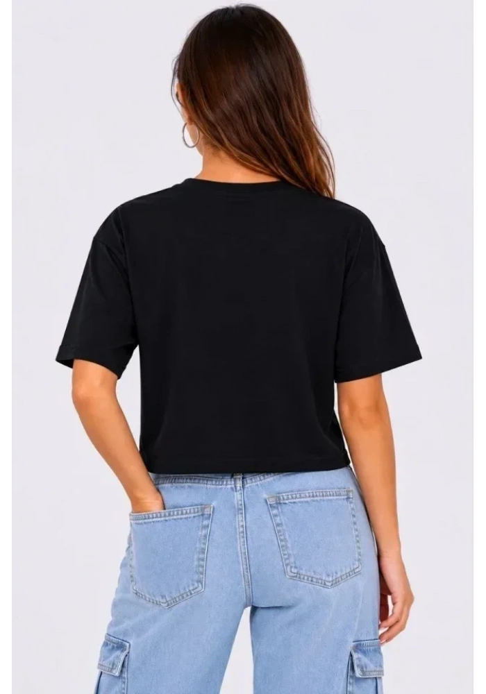 Kedi Baskılı Oversize Crop Tişört Salaş Basic Yarım Kol T-shirt - Siyah