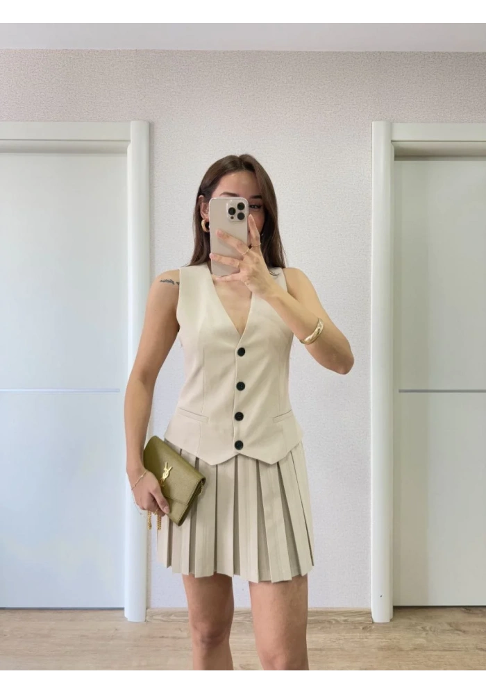Keten Takım Görünümlü Düğme Detaylı Yelekli Mini Elbise - Bej