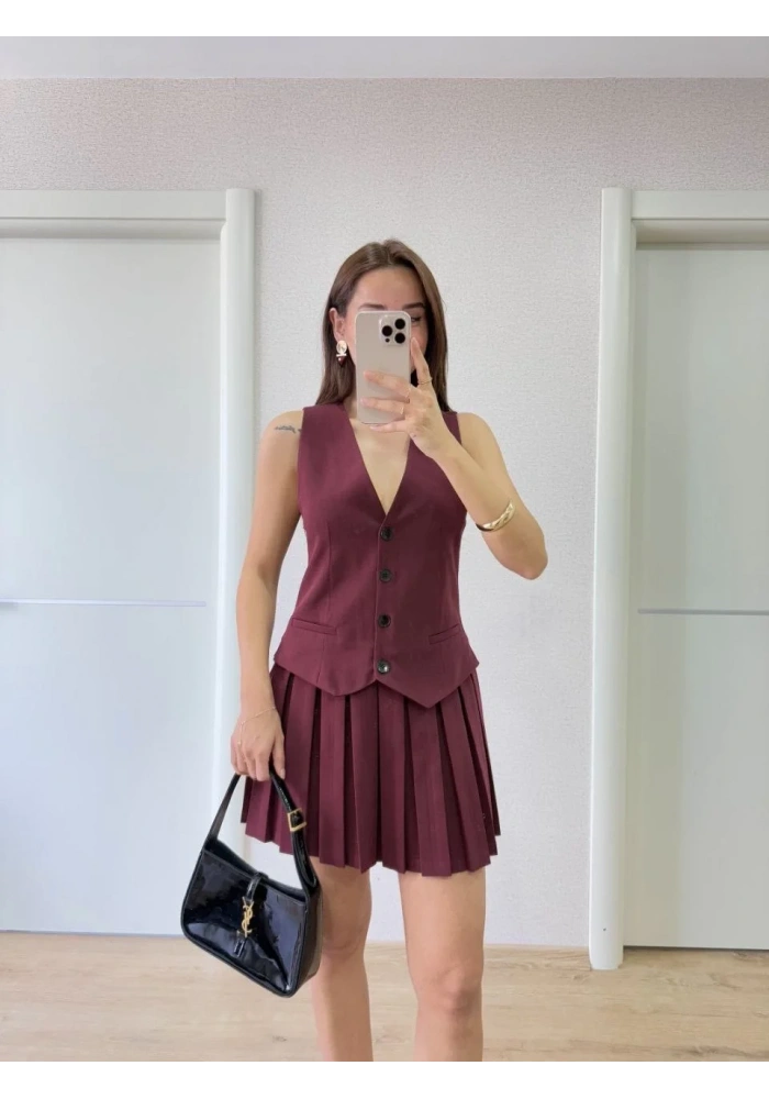 Keten Takım Görünümlü Düğme Detaylı Yelekli Mini Elbise - Bordo