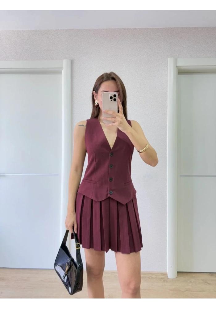 Keten Takım Görünümlü Düğme Detaylı Yelekli Mini Elbise - Bordo
