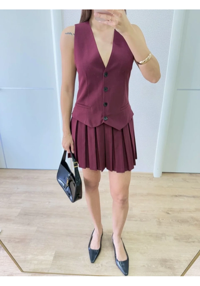 Keten Takım Görünümlü Düğme Detaylı Yelekli Mini Elbise - Bordo