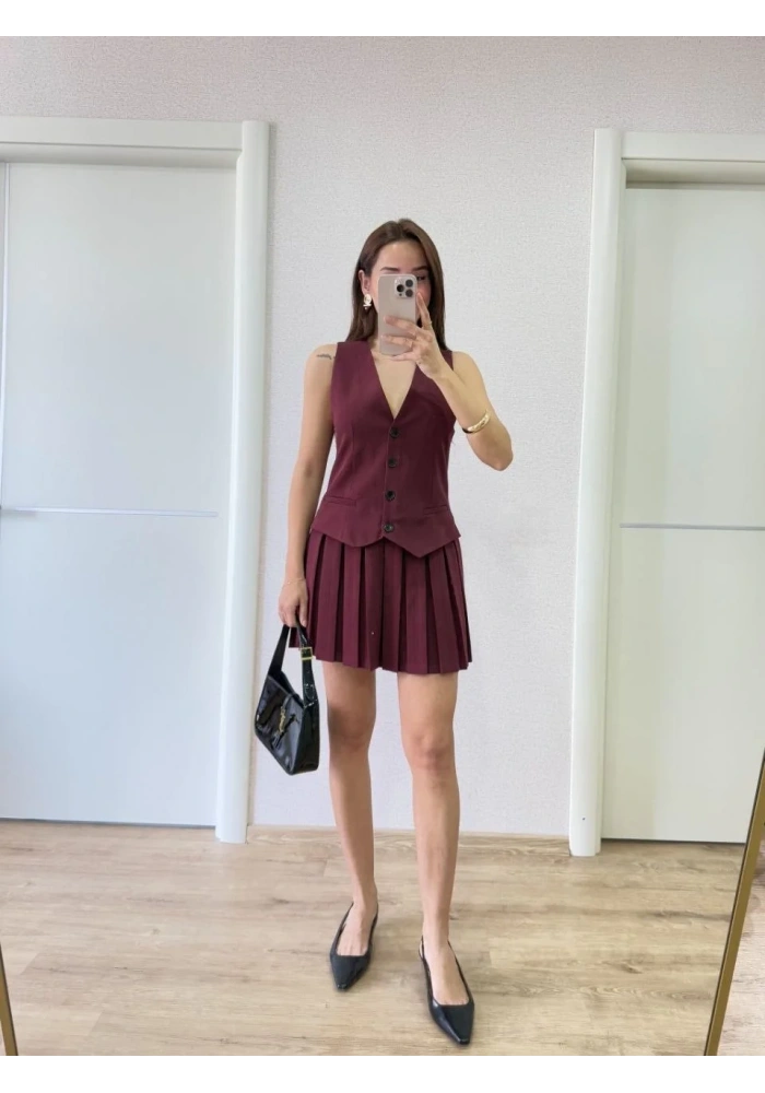 Keten Takım Görünümlü Düğme Detaylı Yelekli Mini Elbise - Bordo