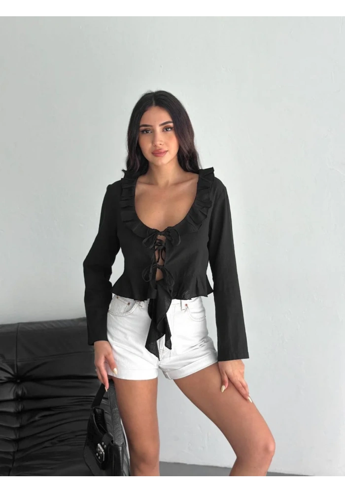 Keten Uzun Kol Bağacık Detaylı Bluz - Siyah