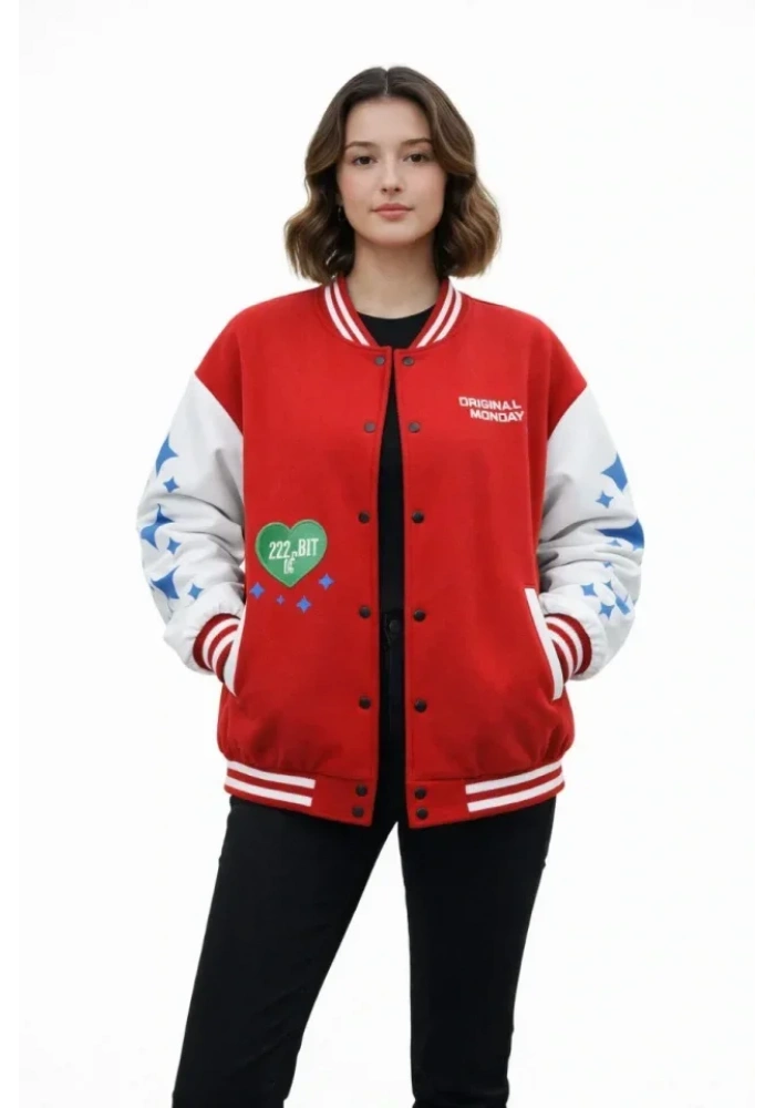 Kırmızı Varsity Çıtçıtlı Baskılı Oversize Kalıp Kolej Ceket - Kırmızı