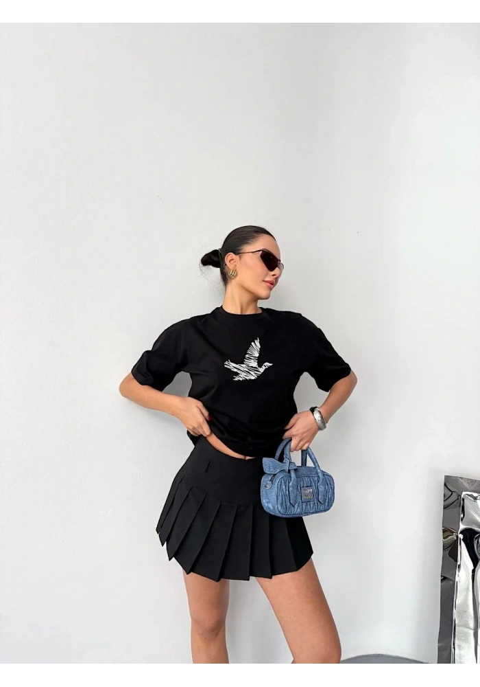 Kısa Kol Baskılı T-shirt - Siyah