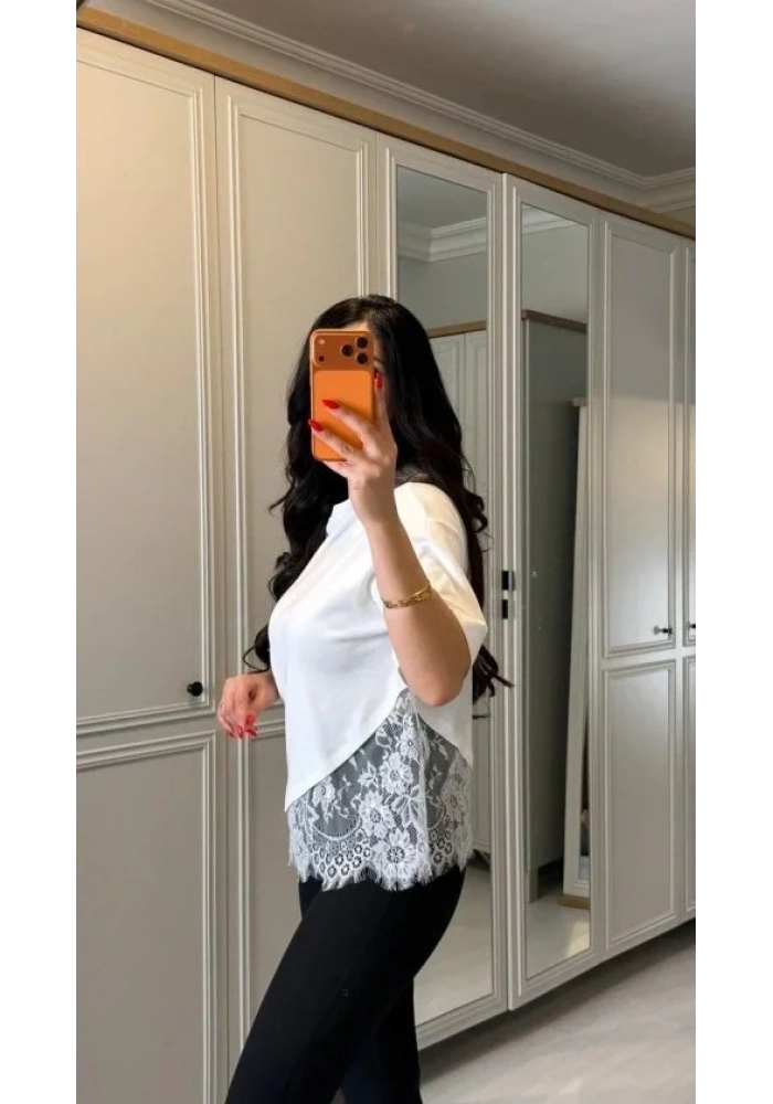 Kısa Kollu Bısıklet Yakalı Dantel Detaylı Vıskon ıkı ıplık Bluz