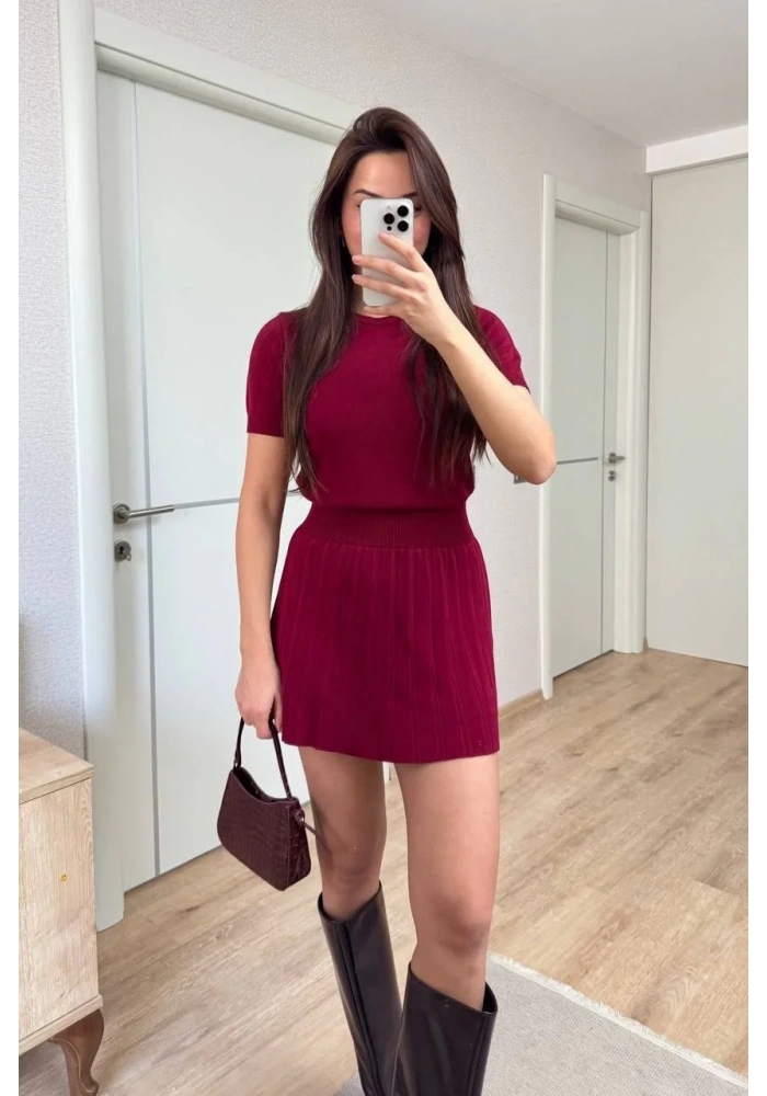 Kısa Kollu Bluz Mini Etekli ikili Takım Triko - Bordo