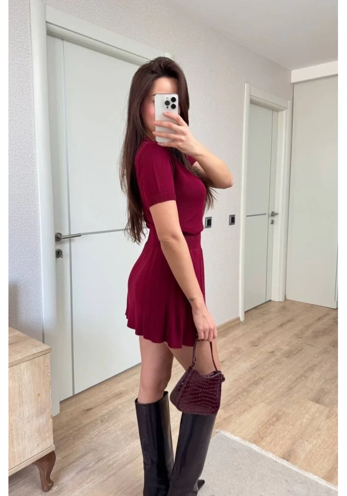 Kısa Kollu Bluz Mini Etekli ikili Takım Triko - Bordo