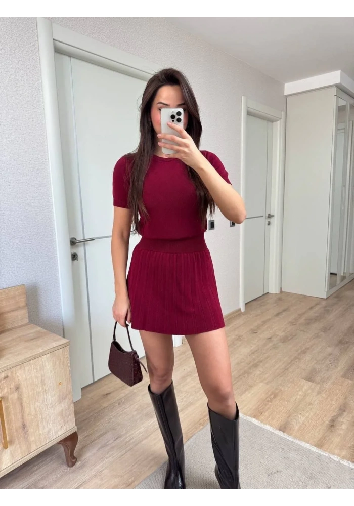 Kısa Kollu Bluz Mini Etekli ikili Takım Triko - Bordo