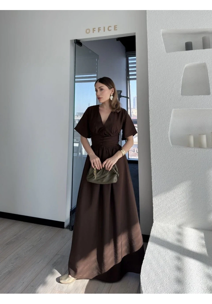 Kısa Kollu Uzun Elbise - Kahve
