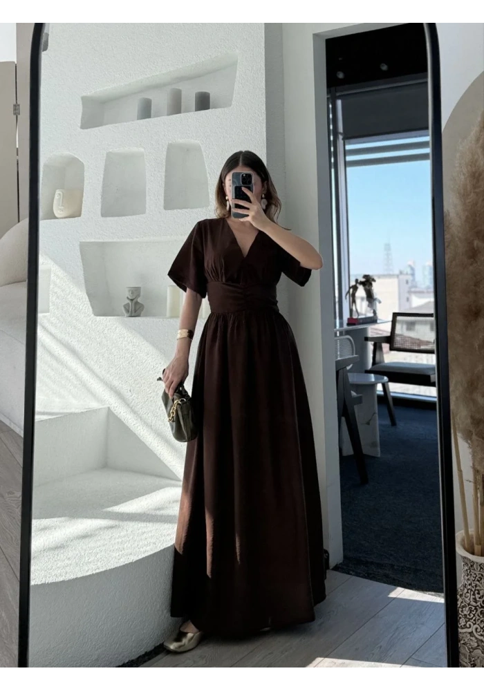 Kısa Kollu Uzun Elbise - Kahve