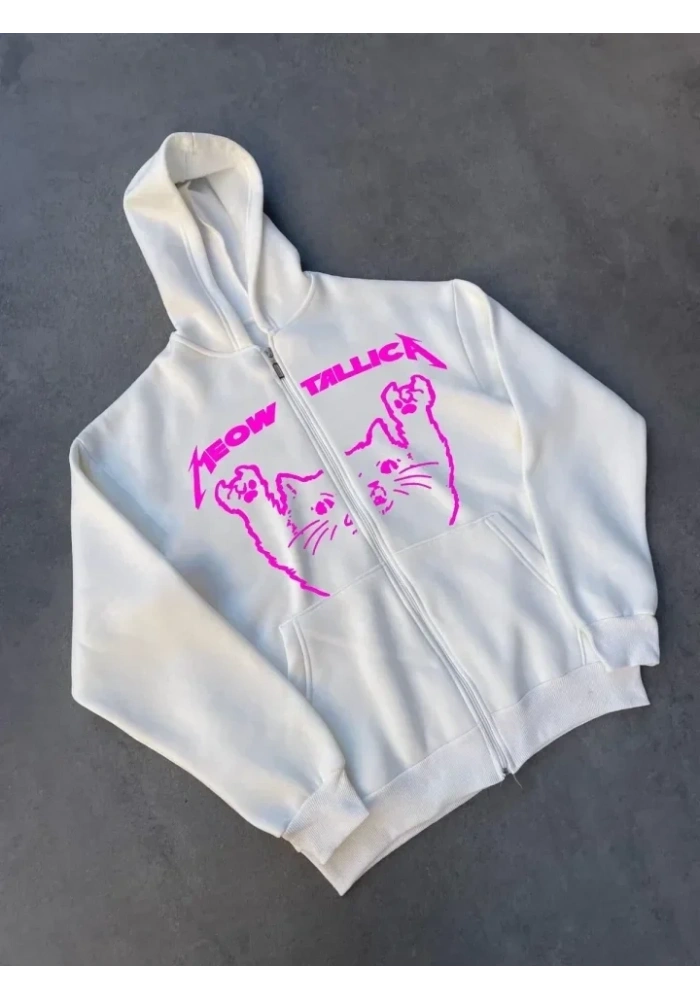 Kışlık Baskılı Fermuarlı Kapüşonlu Hırka - Beyaz