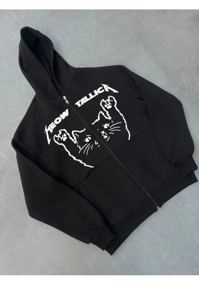 Kışlık Baskılı Fermuarlı Kapüşonlu Hırka - Siyah