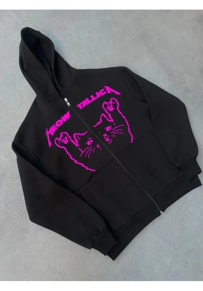 Kışlık Baskılı Fermuarlı Kapüşonlu Hırka - Siyah