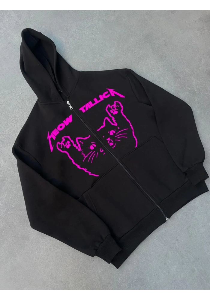 Kışlık Baskılı Fermuarlı Kapüşonlu Hırka - Siyah