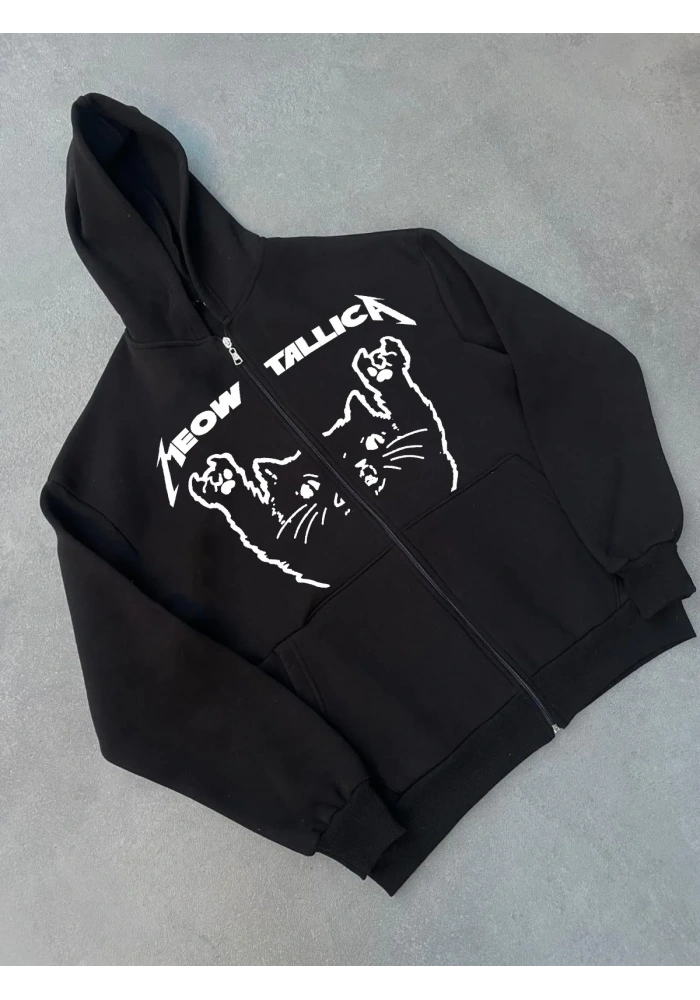 Kışlık Baskılı Fermuarlı Kapüşonlu Hırka - Siyah