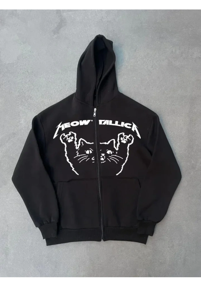 Kışlık Baskılı Fermuarlı Kapüşonlu Hırka - Siyah