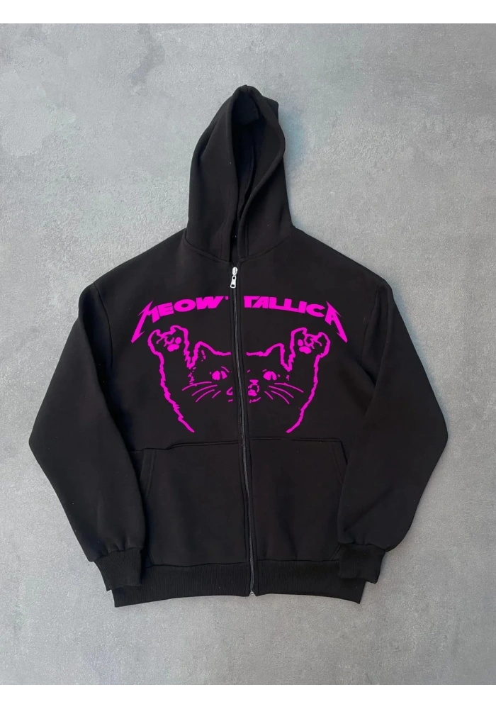 Kışlık Baskılı Fermuarlı Kapüşonlu Hırka - Siyah