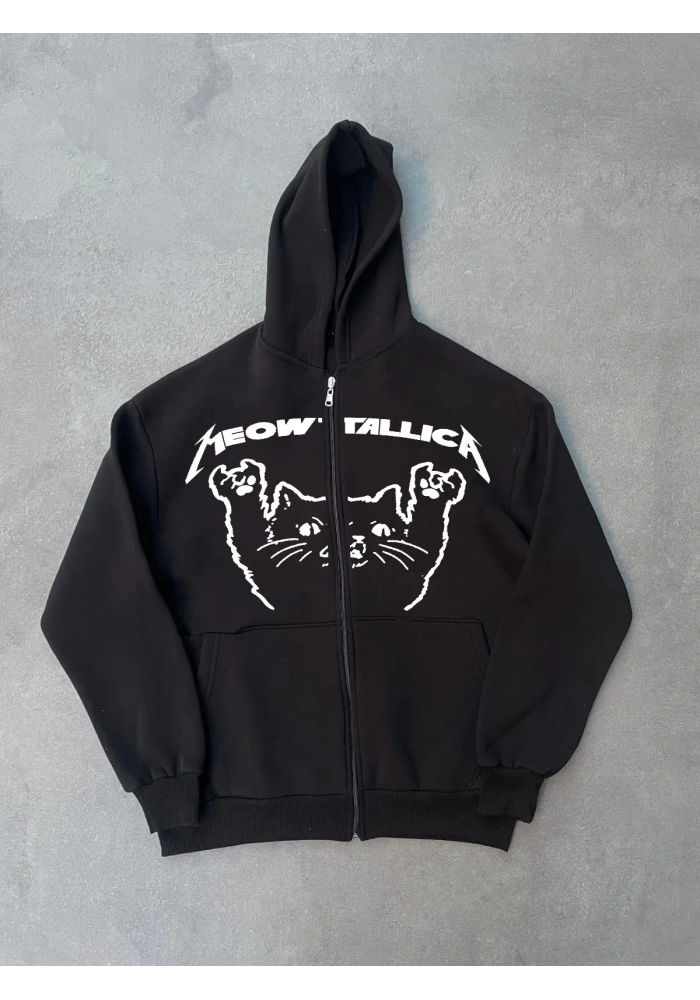 Kışlık Baskılı Fermuarlı Kapüşonlu Hırka - Siyah