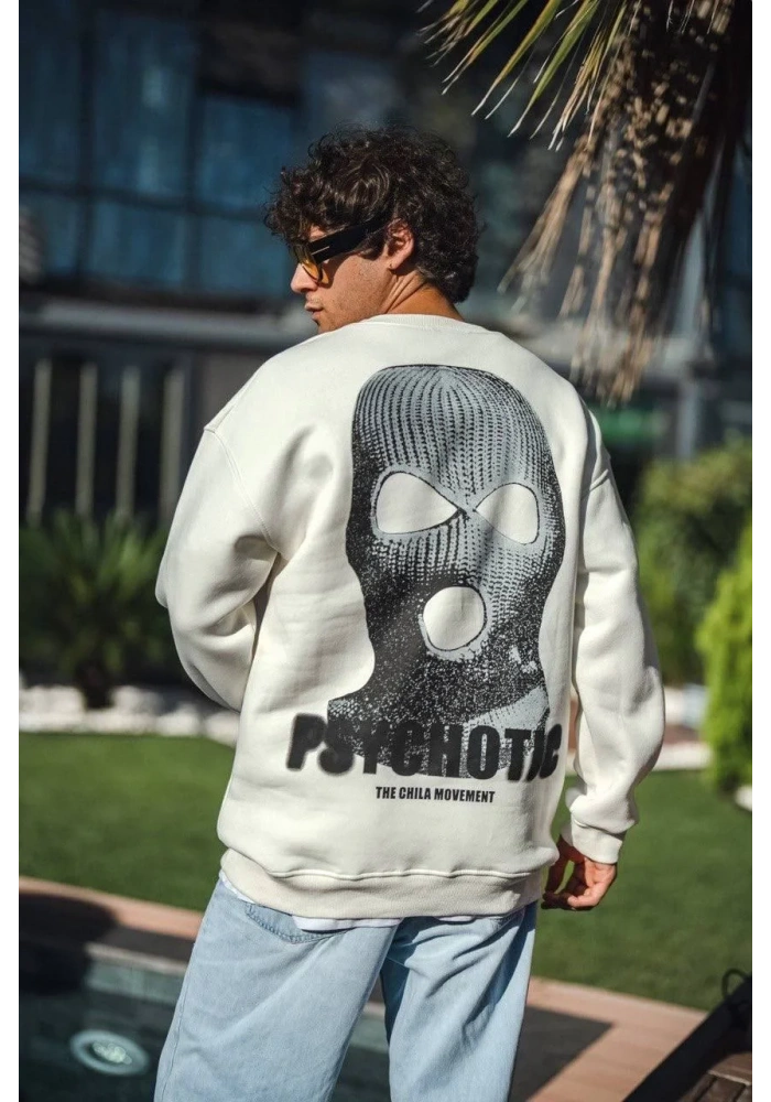 Kışlık Bisiklet Yaka Baskılı SweatShirt - Beyaz